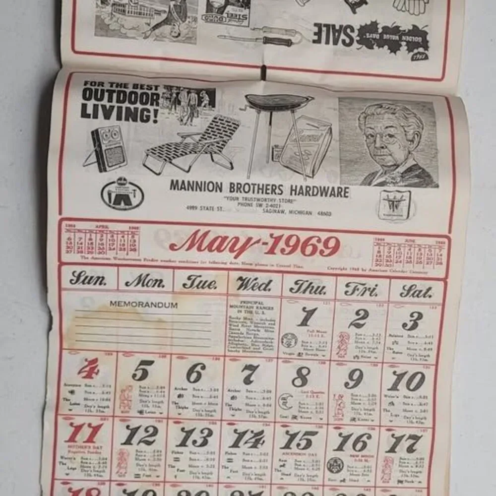 Vintage 1969 Mannion Brothers Hardware Calendar